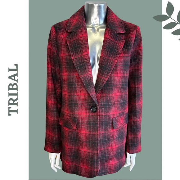 Tribal Red Black Plaid Collared Jacket Single Breasted Size Small - Picture 4 of 8